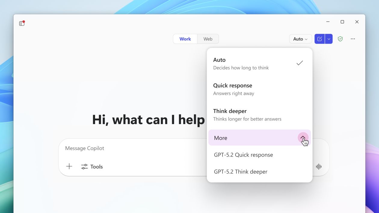 A screenshot of Microsoft Copilot with a dropdown menu open in the upper-right corner showing response modes. Options include Auto, Quick response, Think deeper, More, response, and Think deeper. The main interface displays a greeting with a text box labeled Message Copilot.