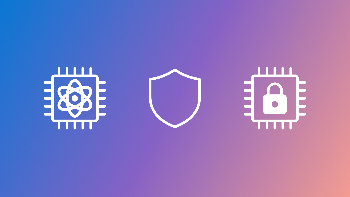 The image features a gradient background transitioning from blue on the left to pink on the right. In the center, there are three white icons. On the left is a microchip icon that represents quantum computing, in the middle is a shield, and on the right is another microchip with a padlock symbol inside it.
