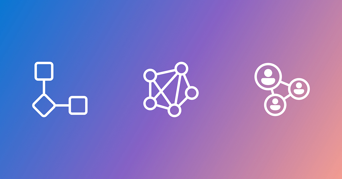 Three white line icons on a blue-to-purple gradient background: the first icon shows a simple flowchart with connected squares and a diamond, the second icon depicts a network of interconnected circles, and the third icon represents a social connection diagram with three user profile symbols linked together.