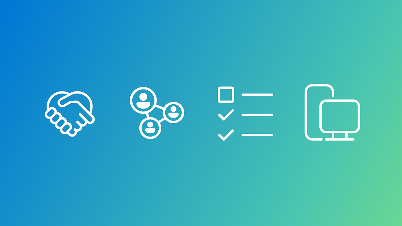 decorative icons in white on a blue and green gradient background