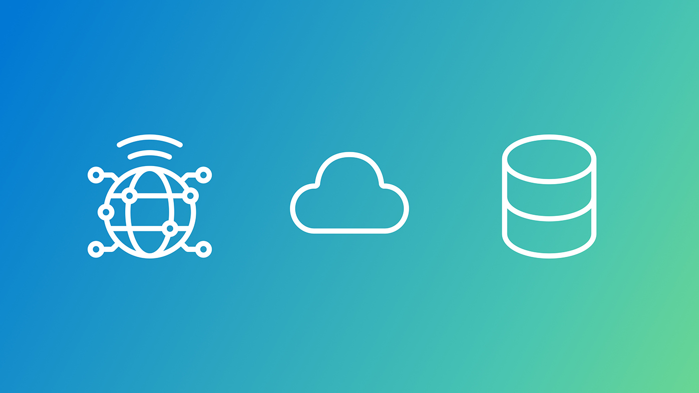 A blue-to-green gradient background featuring three white icons: a networked globe on the left, a cloud in the center, and a stacked database on the right.
