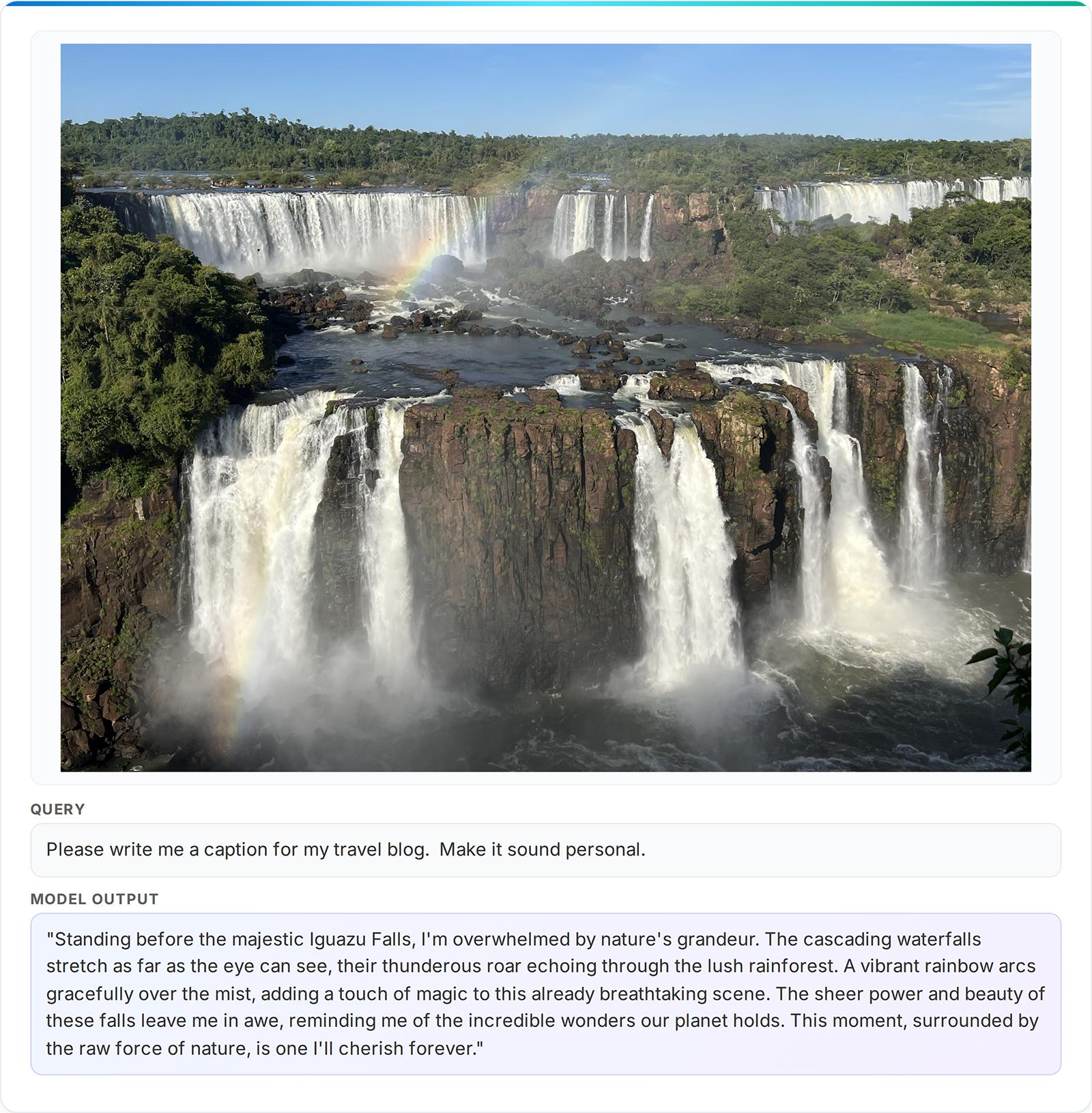 A travel blog caption task. Given a photo of Iguazu Falls, the model writes a personal, evocative caption referencing the rainbow, the mist, and the emotional experience.